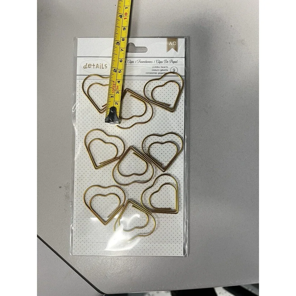 American Crafts Details 9PC Jumbo Gold Color Heart Shaped Paper Clips For Crafts